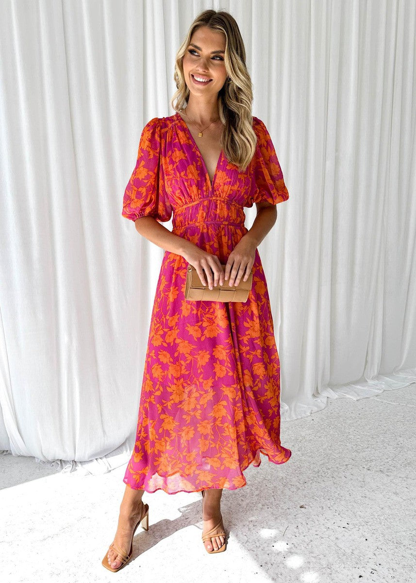 Beautiful V-Neck Ruffled Sleeve Midi Dress - OutfitLondon