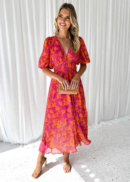 Beautiful V-Neck Ruffled Sleeve Midi Dress - OutfitLondon