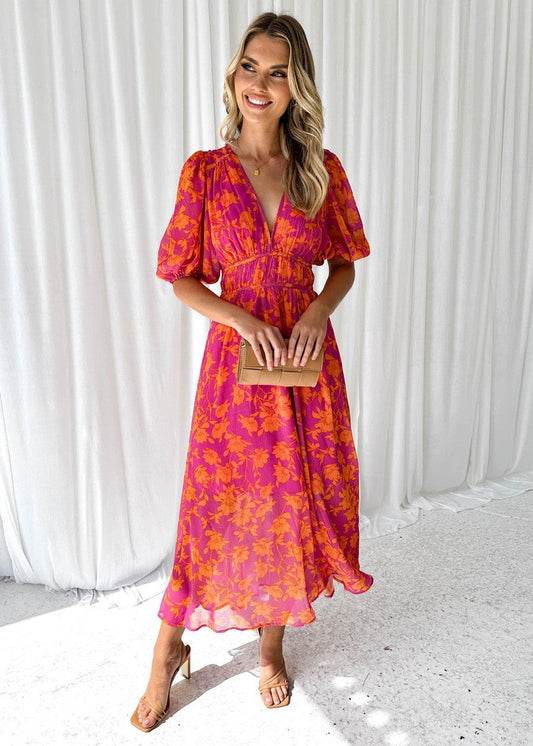 Beautiful V-Neck Ruffled Sleeve Midi Dress - OutfitLondon