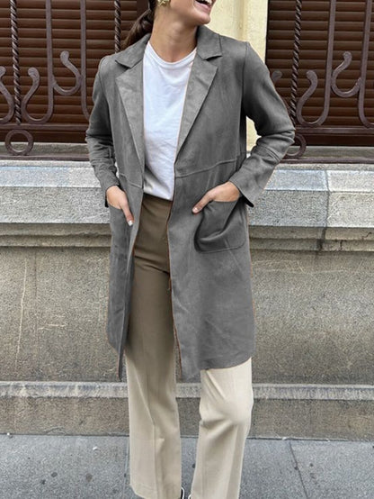 Luxurious Suede Open Front Women's Coat with Pockets
