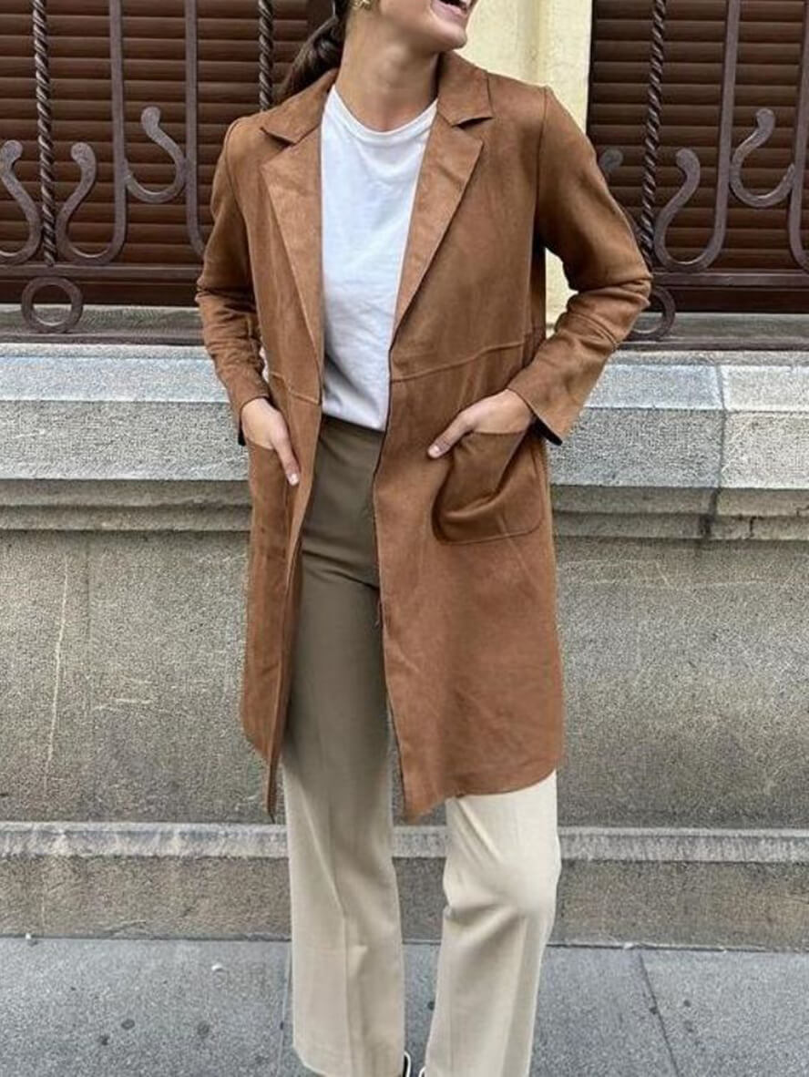 Luxurious Suede Open Front Women's Coat with Pockets