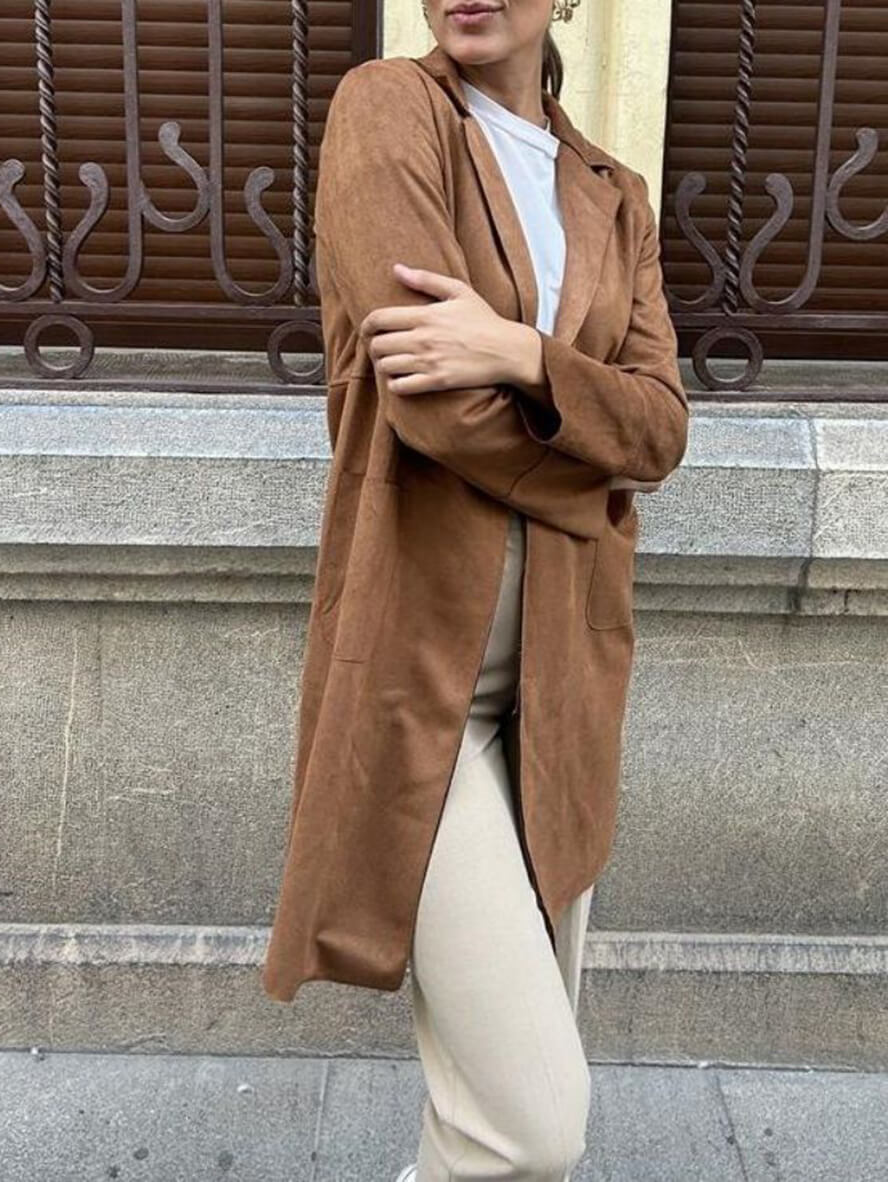 Luxurious Suede Open Front Women's Coat with Pockets - OutfitLondon