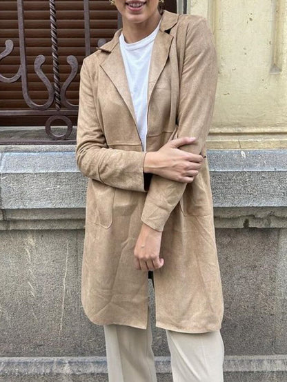 Luxurious Suede Open Front Women's Coat with Pockets