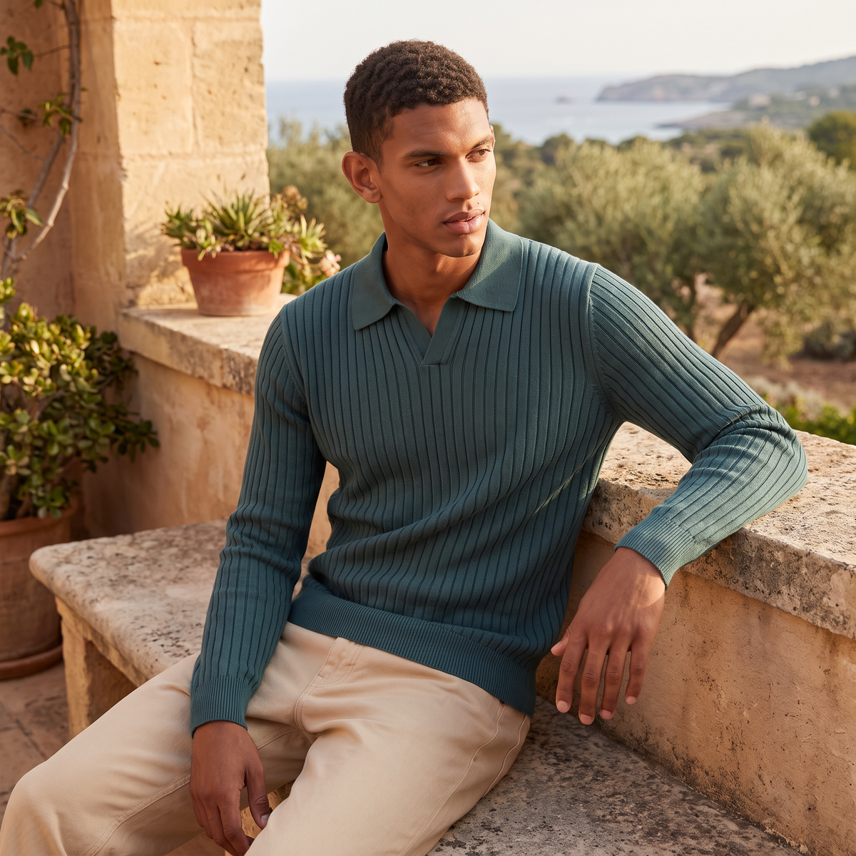 Men's Classic Knitted V-Neck Polo Jumper