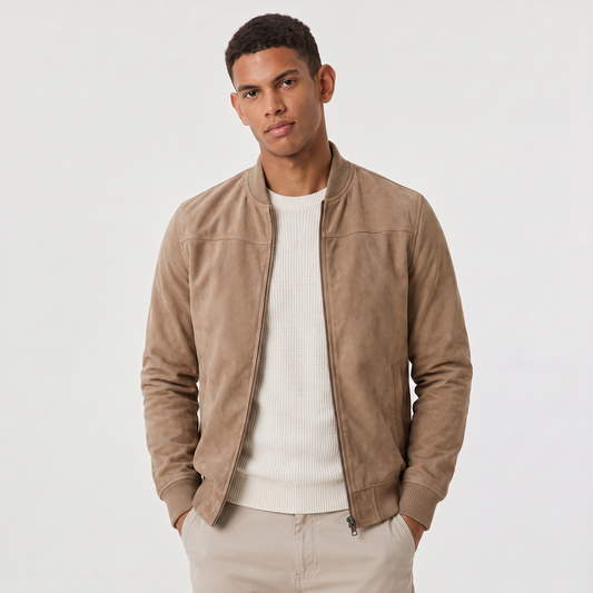 Men's Casual Suede-Look Zip-Up Bomber Jacket