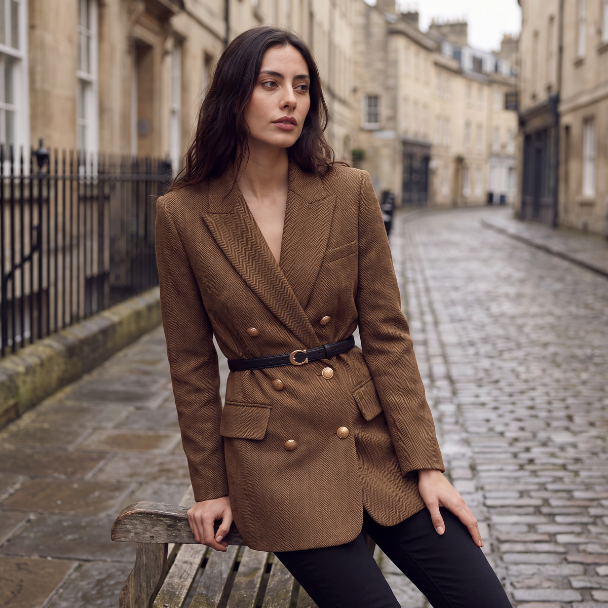Women's Classic Tweed Belted Double-Breasted Blazer