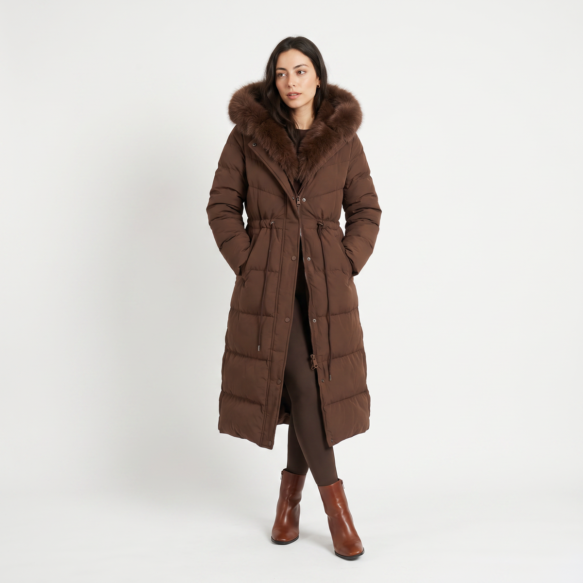 Women's Casual Long Puffer Coat with Faux Fur Hood