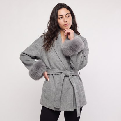 Women's Classic Wool Blend Coat with Faux Fur Cuffs