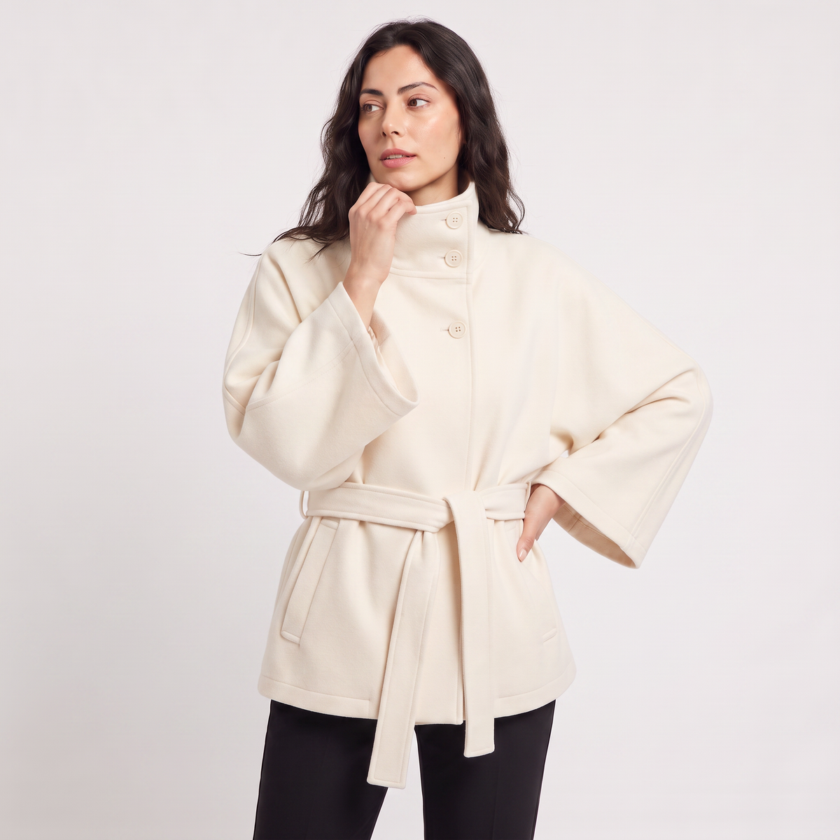 Women's Classic Wool Blend High-Neck Belted Cape Coat