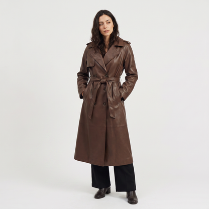Women's Classic Faux Leather Belted Midi Trench Coat