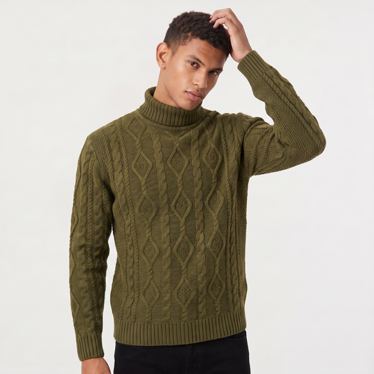 Men's Classic Cable Knit Wool Turtleneck Sweater