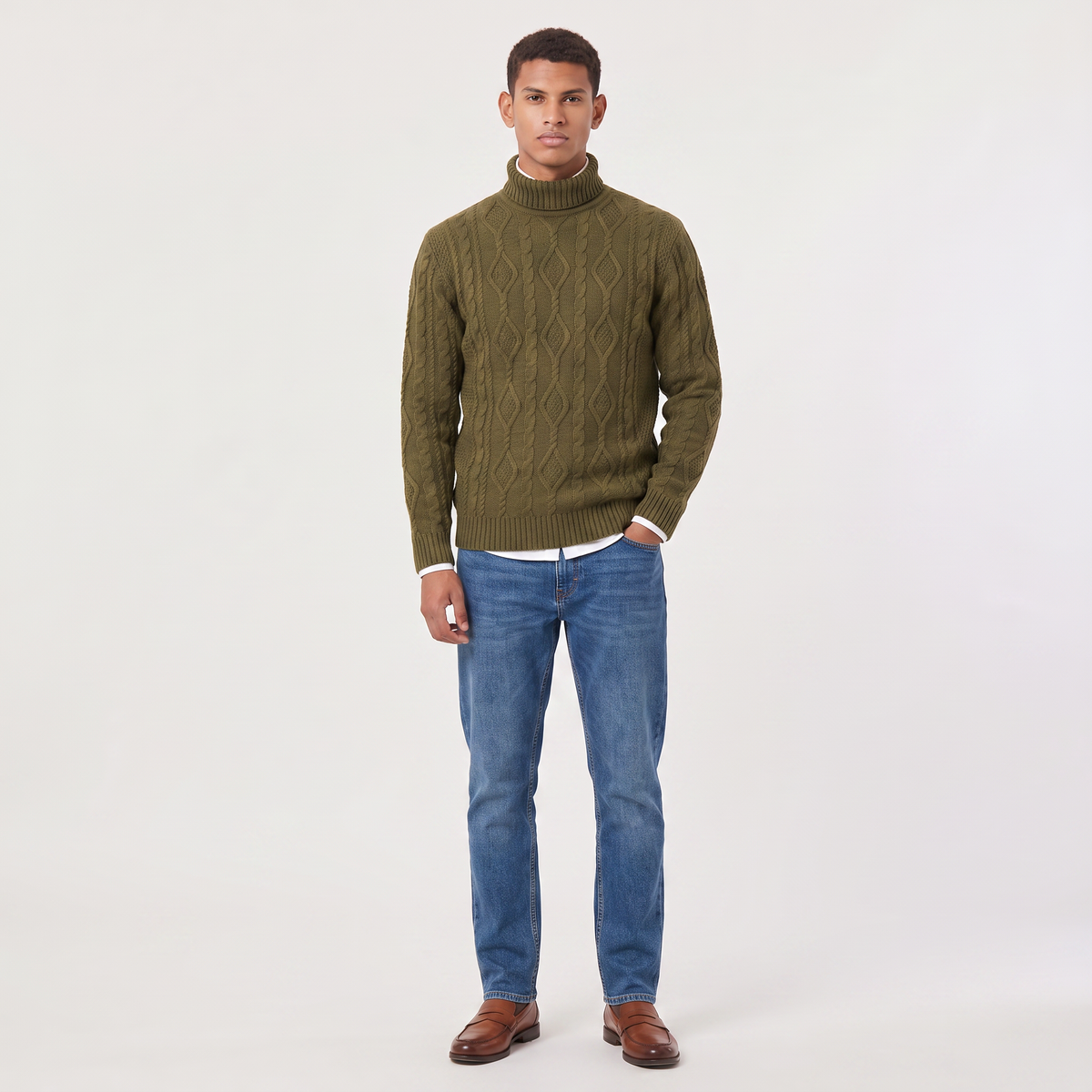 Men's Classic Cable Knit Wool Turtleneck Sweater
