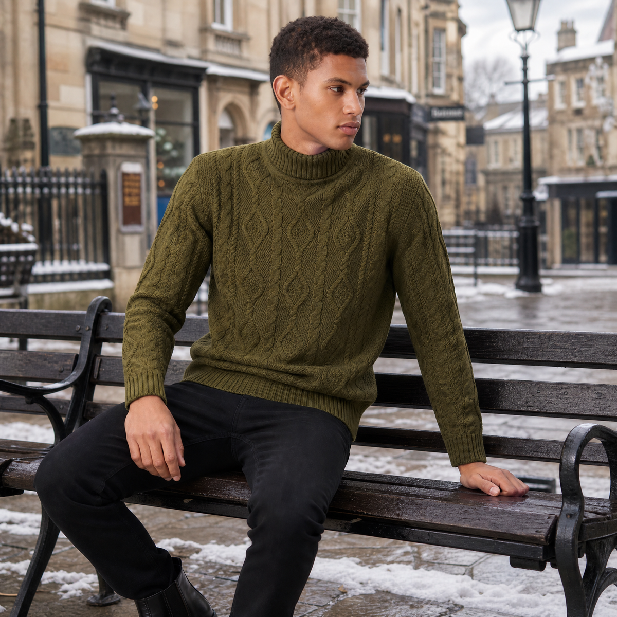Men's Classic Cable Knit Wool Turtleneck Sweater