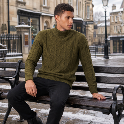 Men's Classic Cable Knit Wool Turtleneck Sweater