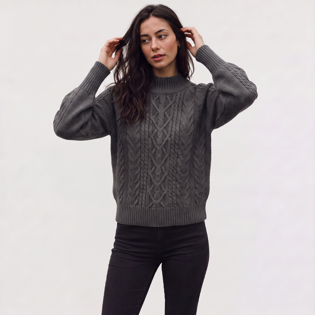 Women's Classic Cable Knit Mock Neck Jumper
