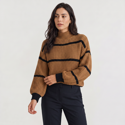Women's Casual Striped Knit Mock Neck Jumper