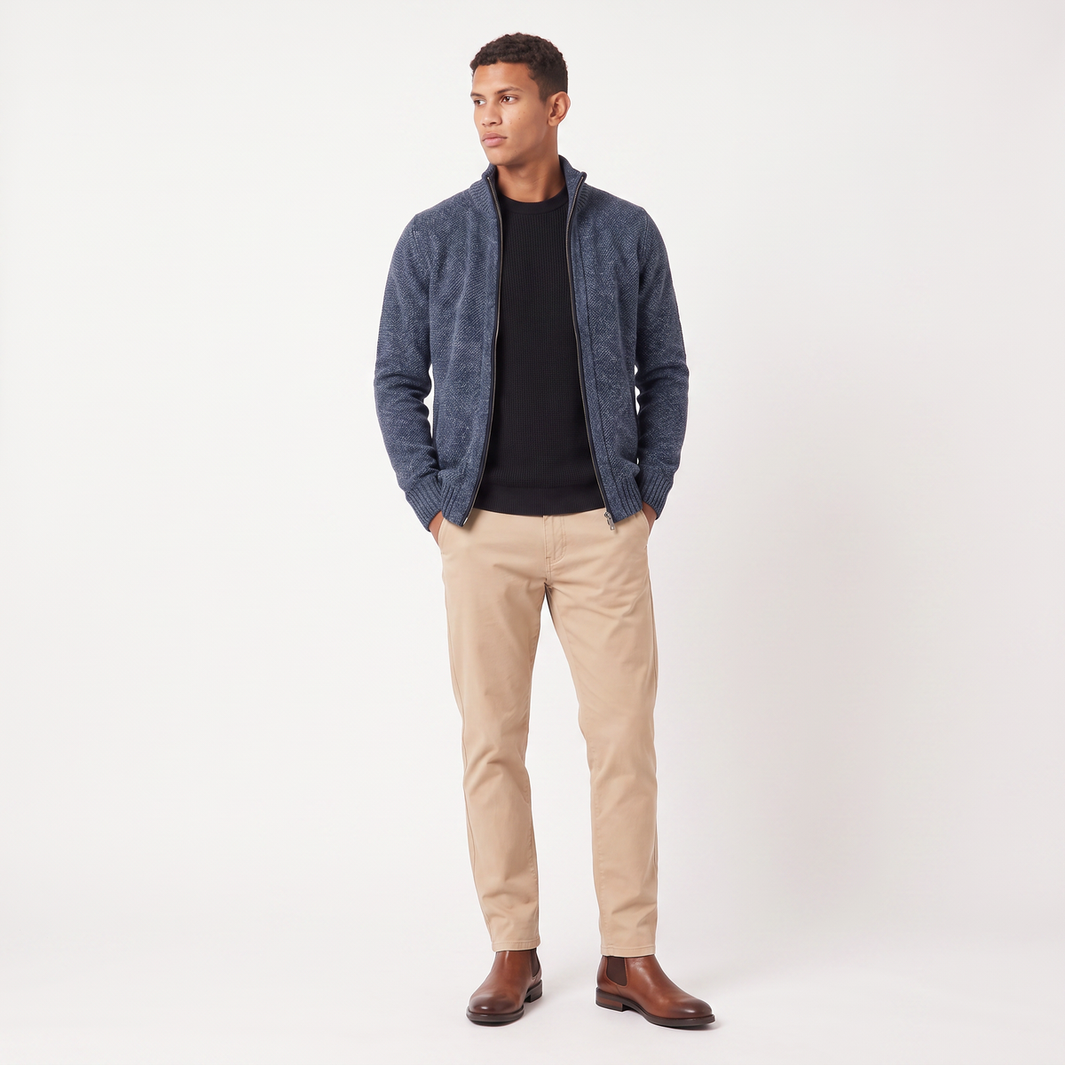 Men's Casual Textured Knit Funnel Neck Cardigan