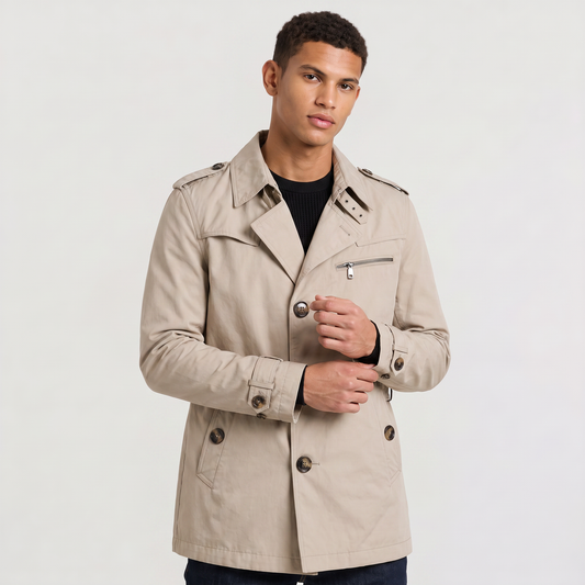 Men's Classic Double-Breasted Wool Trench Coat with Belt