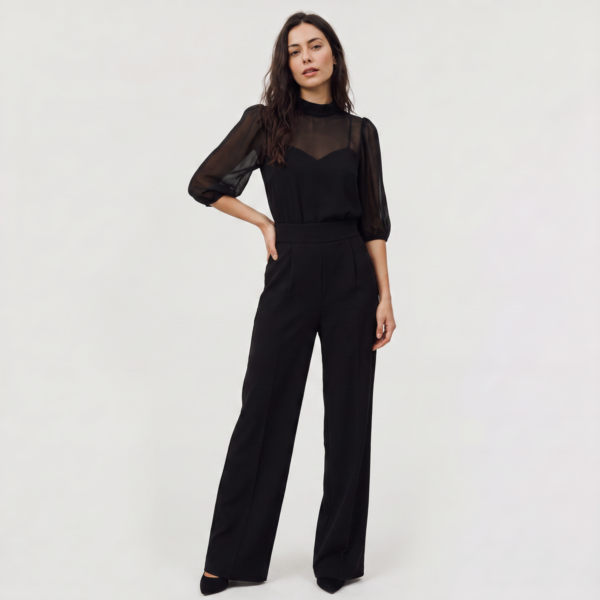Women's Chic Wide-Leg Cotton Jumpsuit with Puff Sleeves