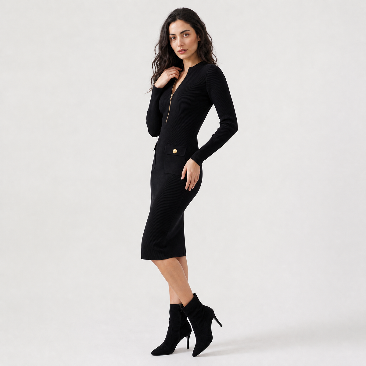 Women's Elegant Ribbed Knit Zip Midi Dress