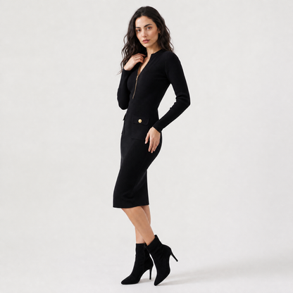 Women's Elegant Ribbed Knit Zip Midi Dress