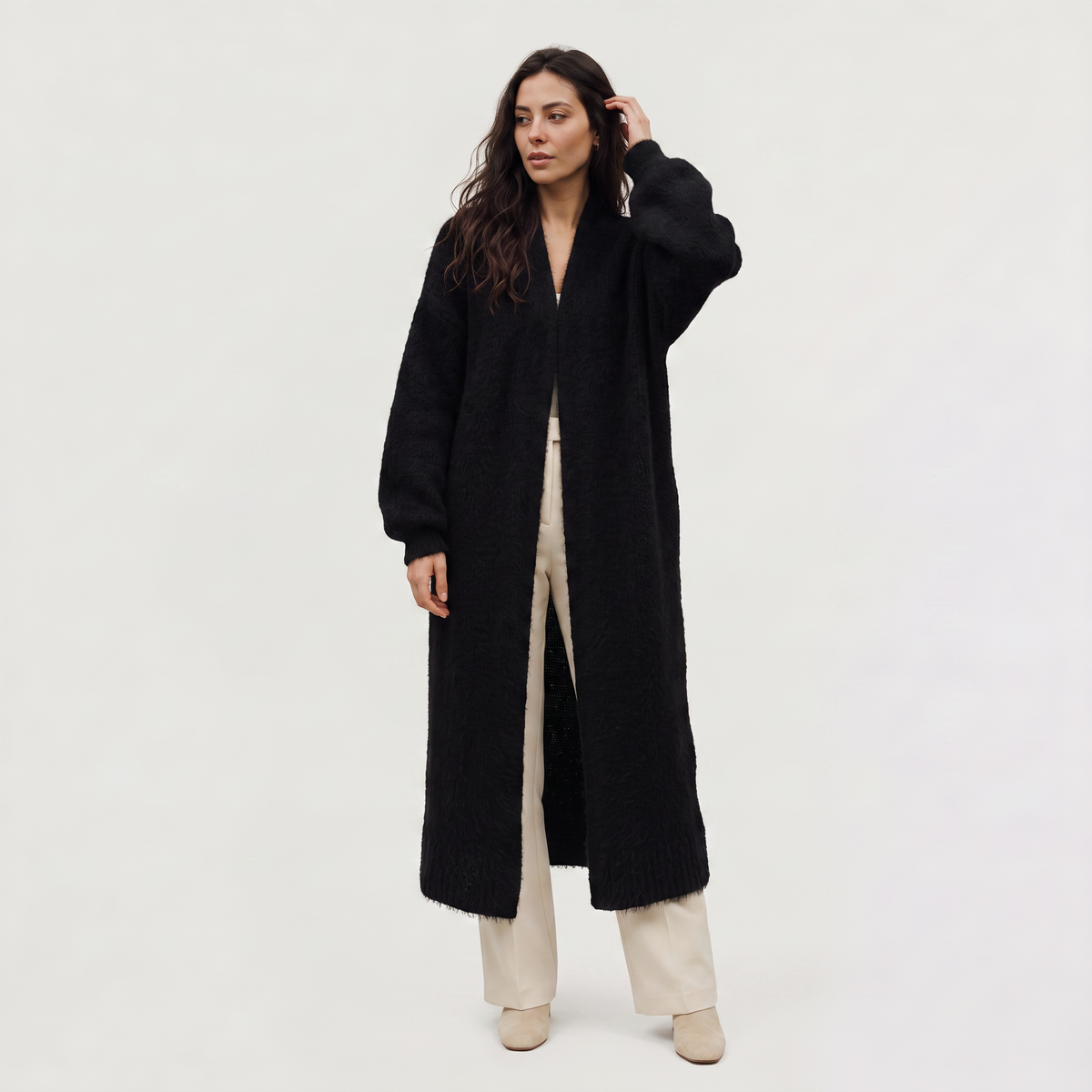 Women's Casual Fluffy Knit Longline Open-Front Cardigan
