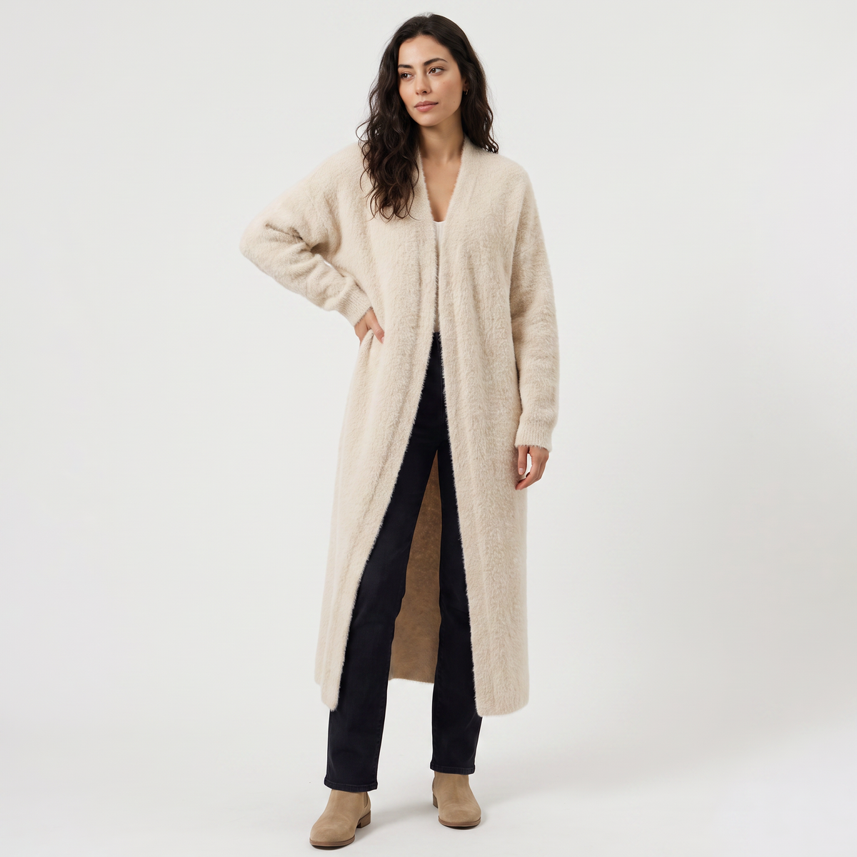 Women's Casual Fluffy Knit Longline Open-Front Cardigan