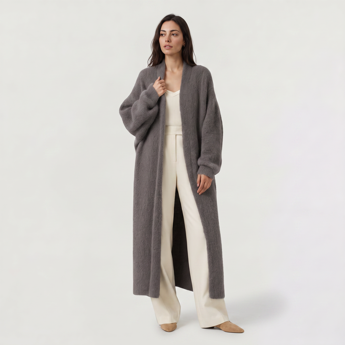 Women's Casual Fluffy Knit Longline Open-Front Cardigan