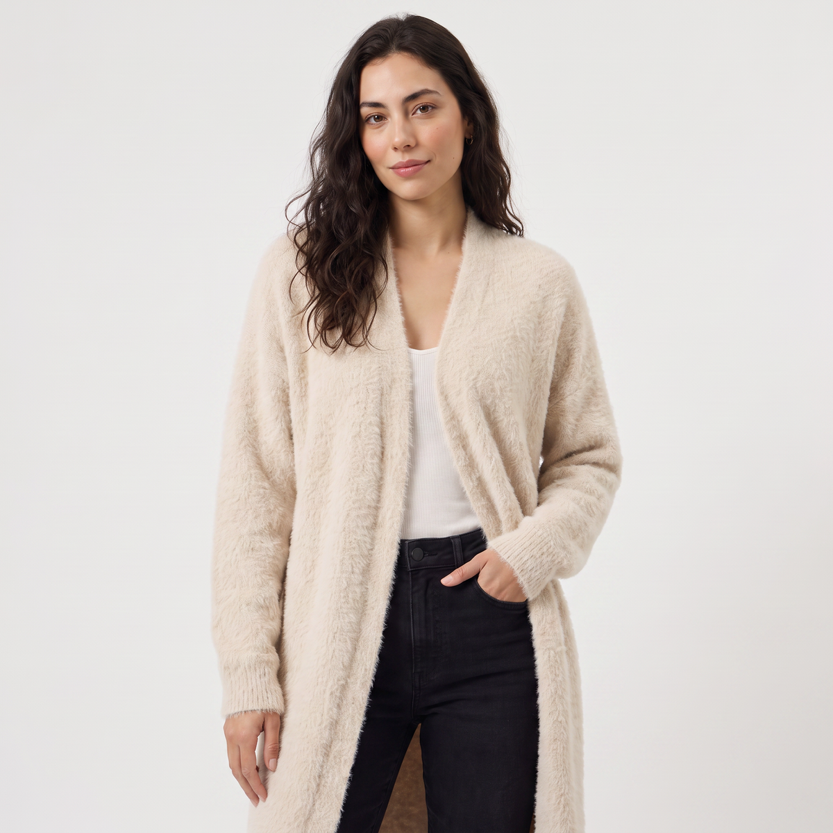 Women's Casual Fluffy Knit Longline Open-Front Cardigan