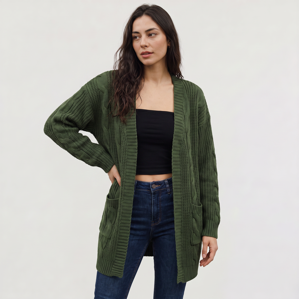Women's Casual Oversized Cable Knit Open Front Cardigan
