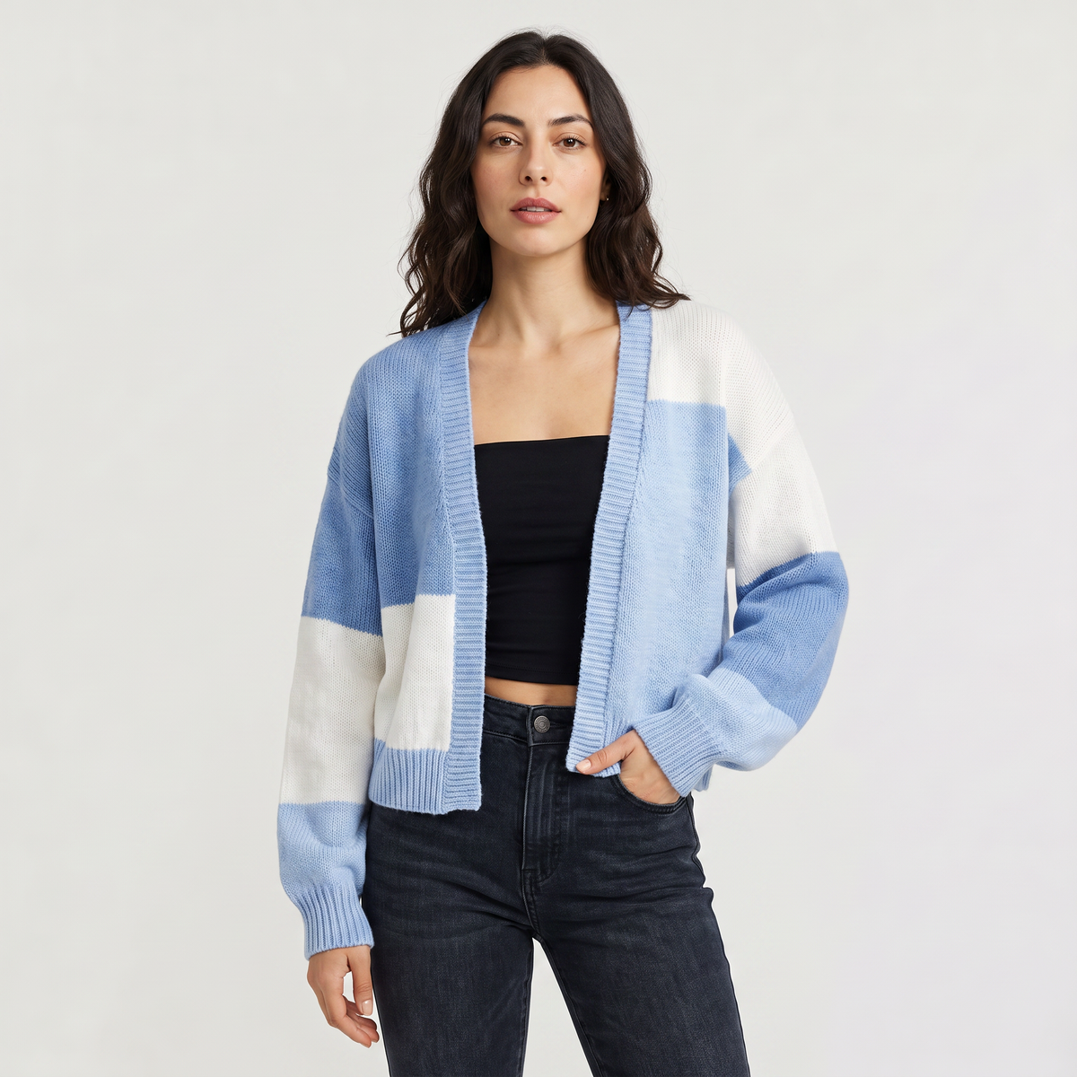 Women's Casual Open Front Cropped Knit Cardigan with Ribbed Cuffs