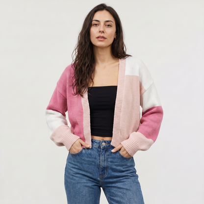 Women's Casual Open Front Cropped Knit Cardigan with Ribbed Cuffs
