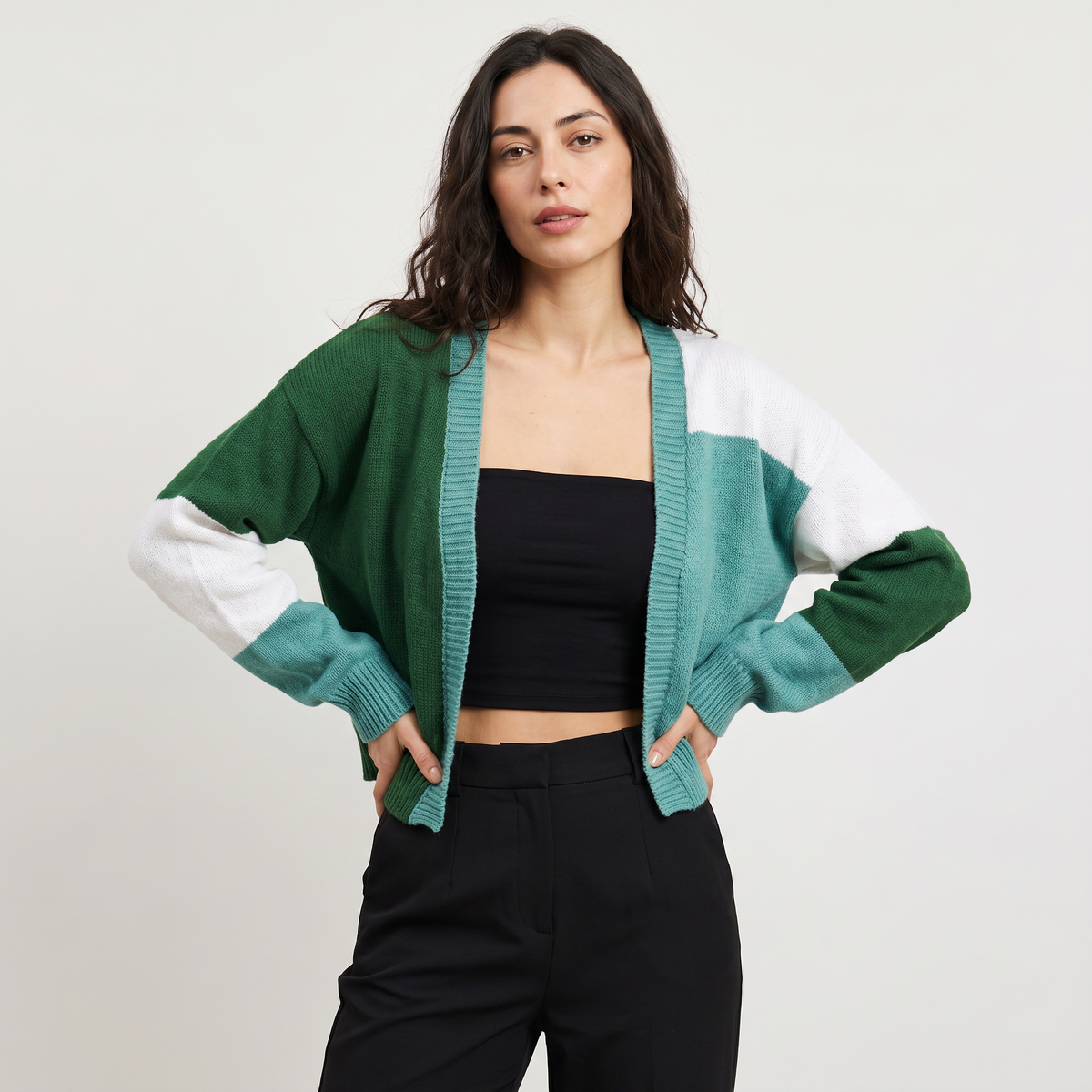 Women's Casual Open Front Cropped Knit Cardigan with Ribbed Cuffs