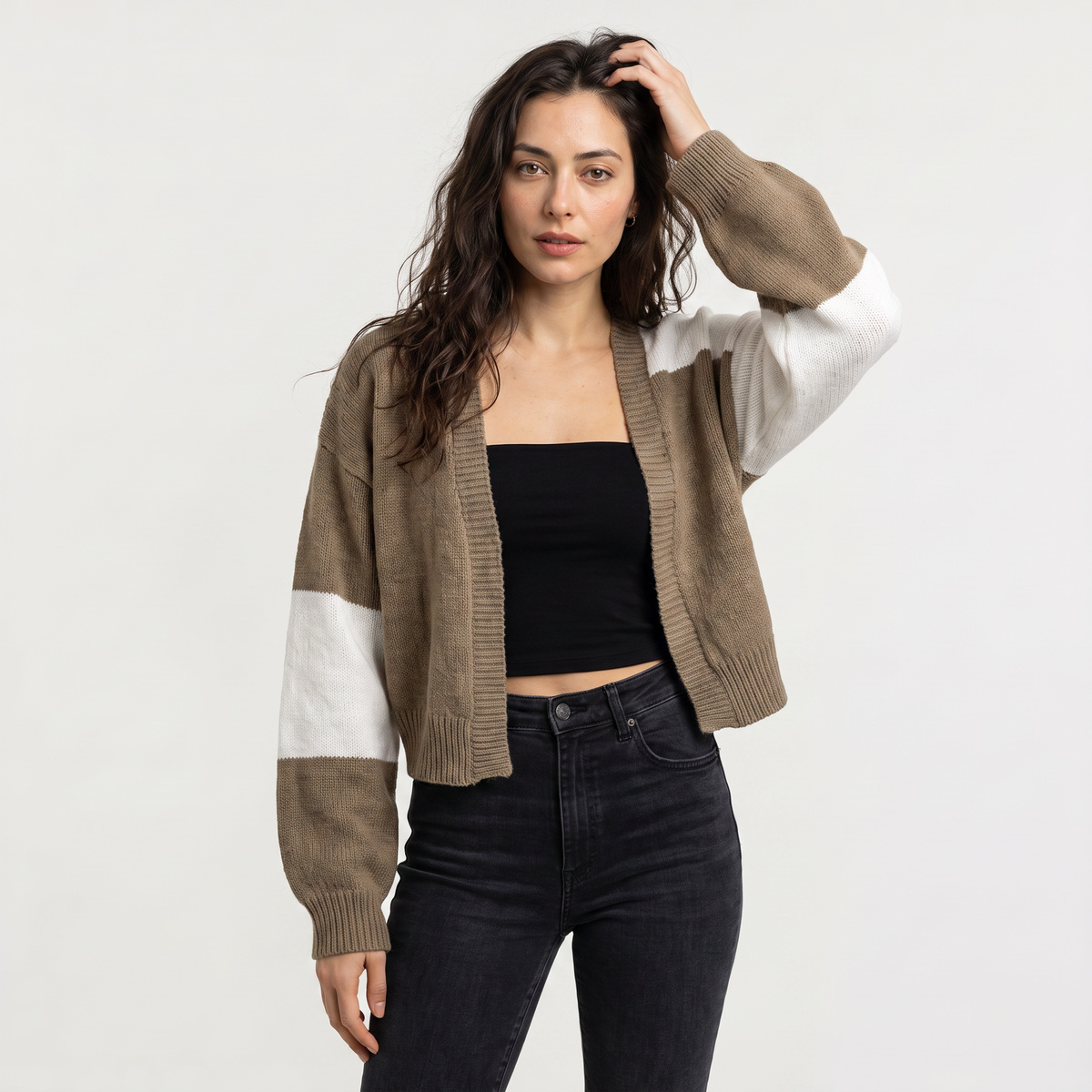 Women's Casual Open Front Cropped Knit Cardigan with Ribbed Cuffs