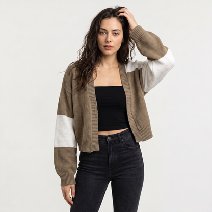 Women's Casual Open Front Cropped Knit Cardigan with Ribbed Cuffs