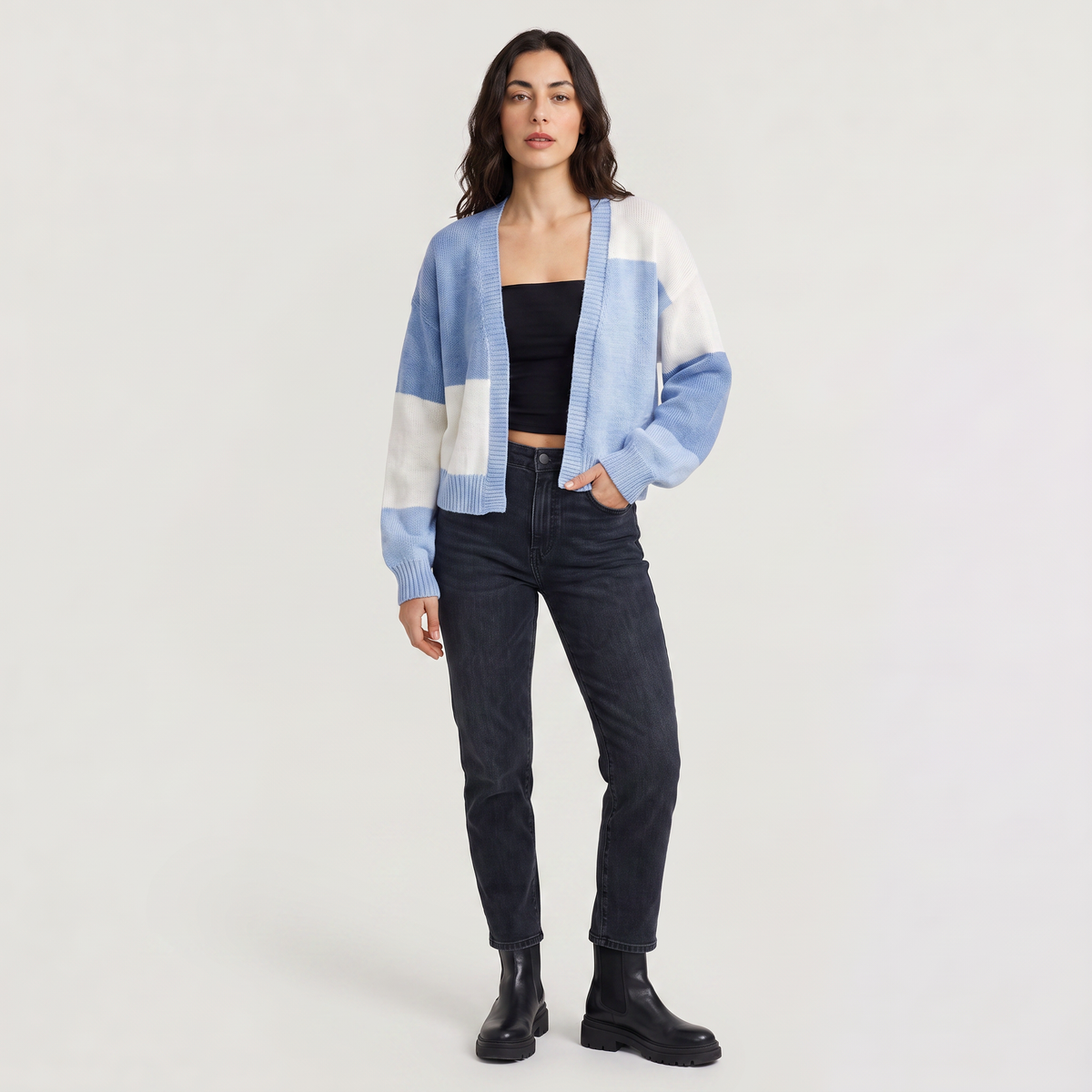 Women's Casual Open Front Cropped Knit Cardigan with Ribbed Cuffs