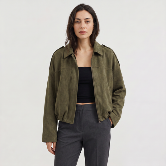Women's Casual Faux Suede Collared Bomber Jacket