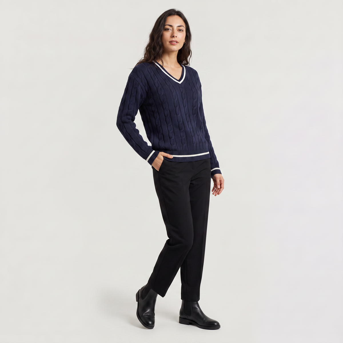 Women's Classic Cable Knit V-Neck Jumper