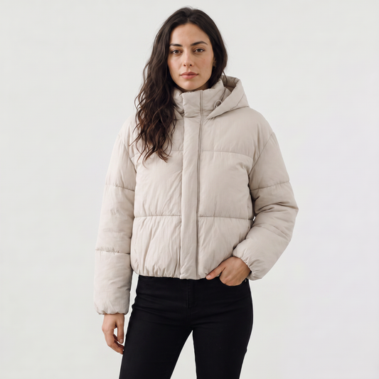 Women's Casual Cropped Nylon Hooded Puffer Jacket