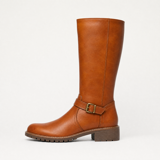 Women's Stylish Faux Leather Knee-High Riding Boots with Buckle