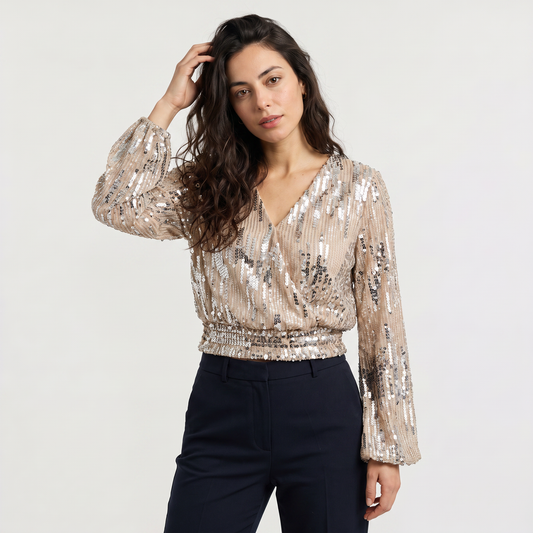 Women's Elegant Sequin V-Neck Long Sleeve Blouse
