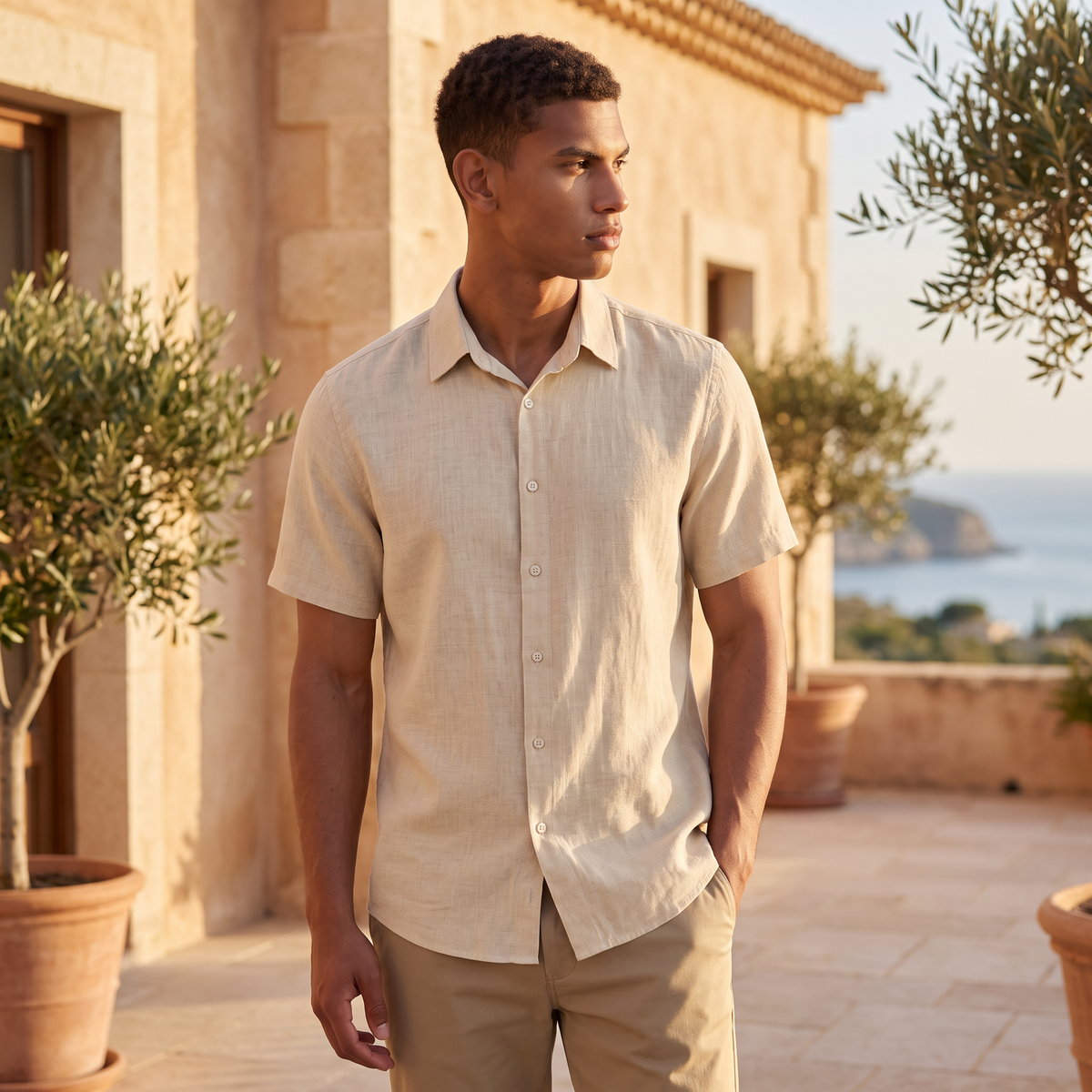 Men's Casual Cotton Linen Short Sleeve Shirt