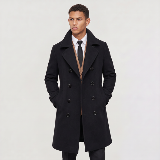 Men's Classic Wool Blend Slim Fit Double-Breasted Long Coat