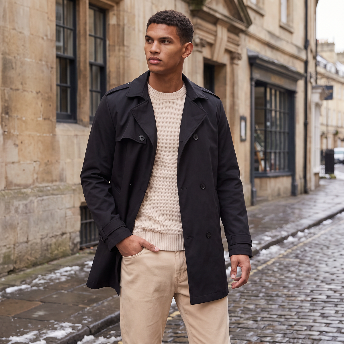 Men's Classic Double-Breasted Wool Blend Trench Coat