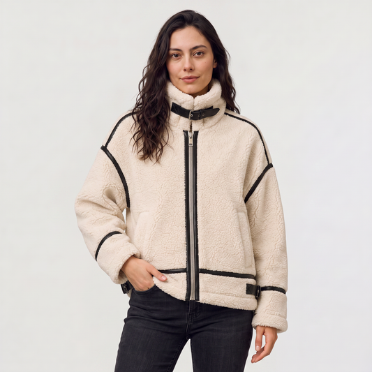 Women's Casual Teddy Borg Zip-Up Jacket in Beige