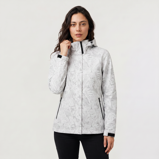 Women's Lightweight Waterproof Hooded Zip Jacket with Leaf Print