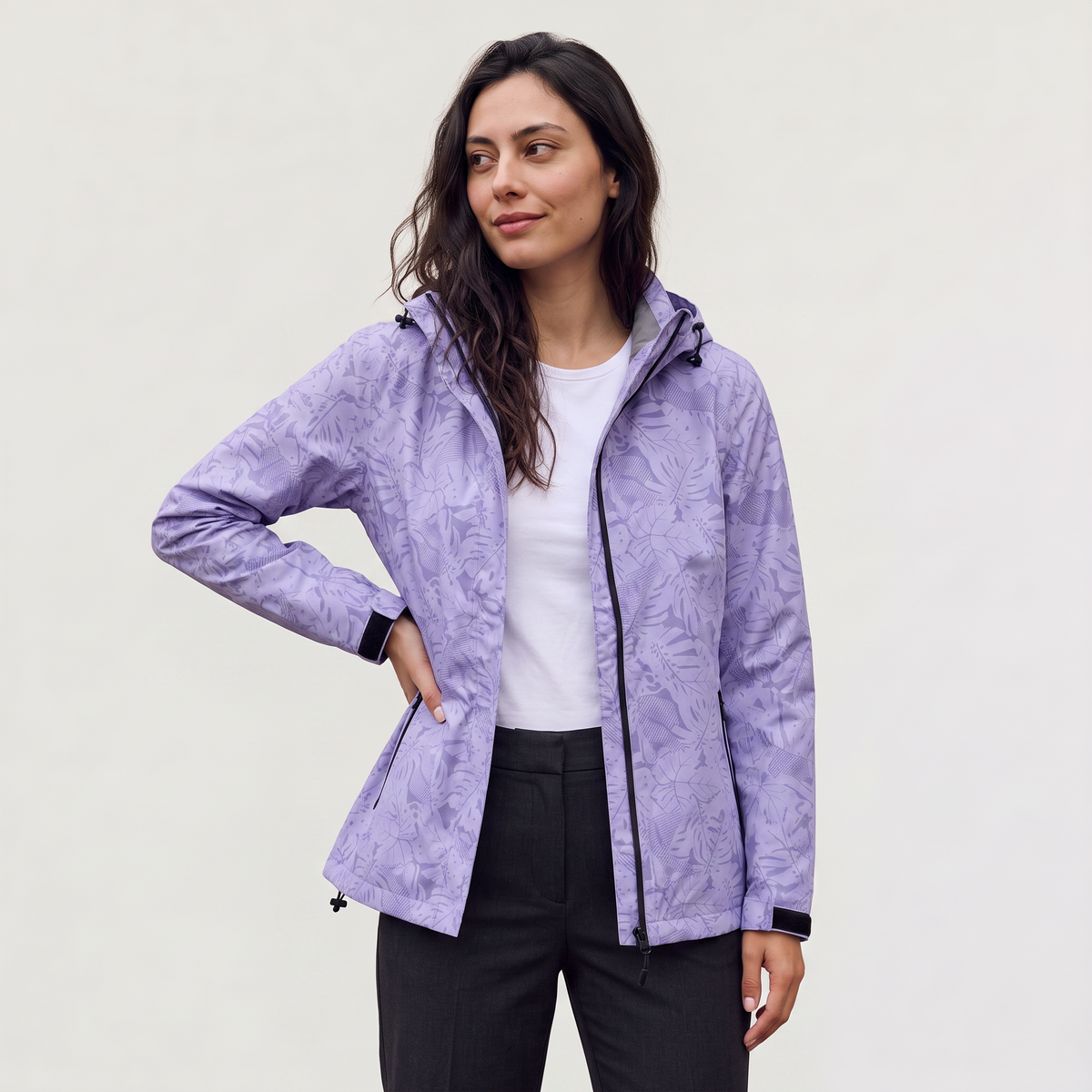 Women's Lightweight Waterproof Hooded Zip Jacket with Leaf Print