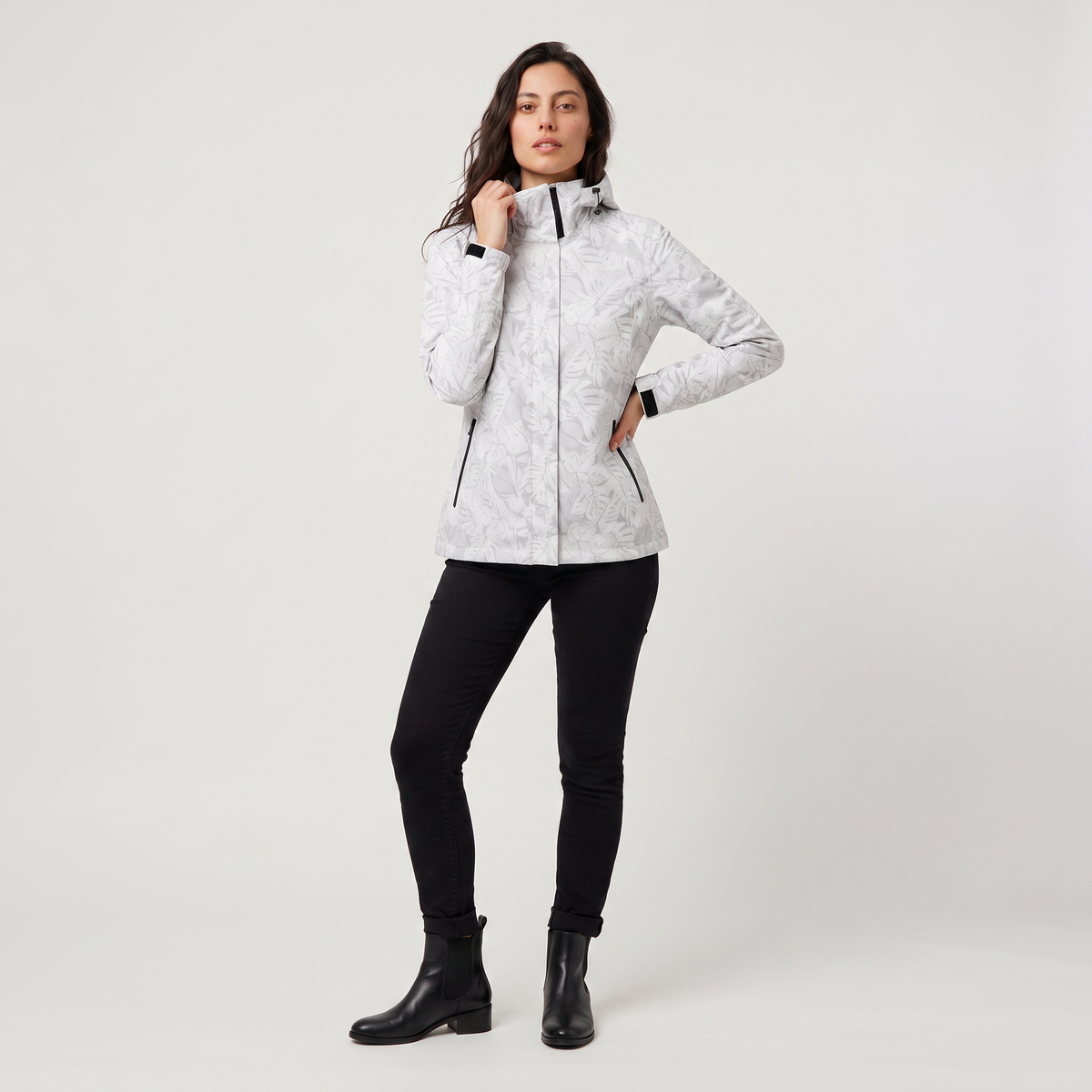 Women's Lightweight Waterproof Hooded Zip Jacket with Leaf Print