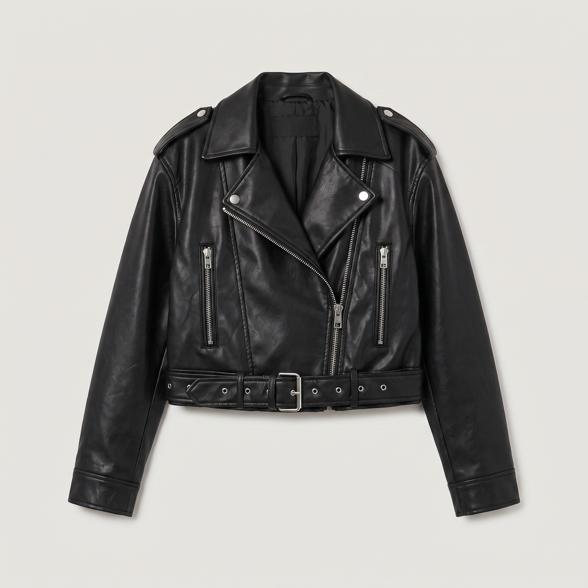 Women's Classic Leather Cropped Biker Jacket with Belt
