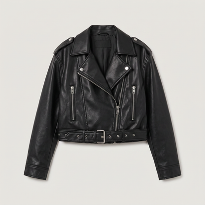 Women's Classic Leather Cropped Biker Jacket with Belt